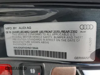 2017 Audi A4 Premium with VIN WAUGNAF40HN019644, listed as a Copart auction lot 55130865 with 84,117 mi miles and Clean Title. Bid and sale history available at carsss.com. Image 12.