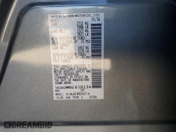 2016 Nissan Pathfinder S with VIN 5N1AR2MM0GC658134, listed as a Copart auction lot 74589594 with 163,451 mi miles and Salvage Title. Bid and sale history available at carsss.com. Image 14.