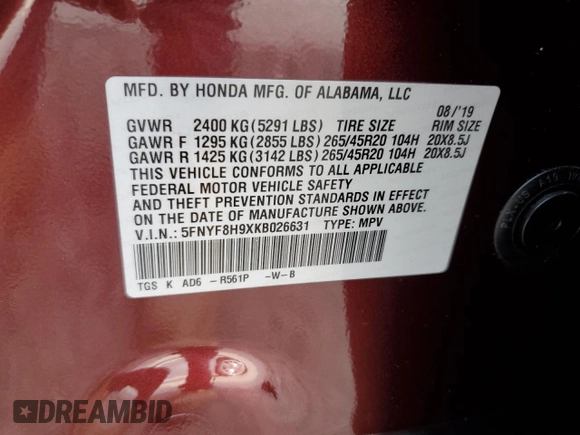2019 Honda Passport Touring with VIN 5FNYF8H9XKB026631, listed as a Copart auction lot 61037545 with 54,041 mi miles and Salvage title. Bid and sale history available at DreamBid. Image 13.