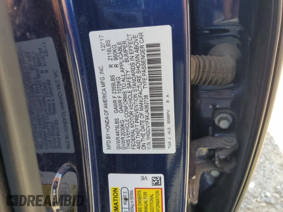 2018 Honda Accord Touring z VIN 1HGCV1F9XJA062738, wystawiony jako Copart lot #60115035 z przebiegiem 93 548 mil mil oraz Szkoda całkowita • Salvage title. Historia ofert i sprzedaży dostępna na DreamBid. Obrazek 12.