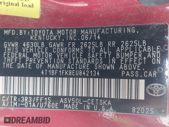 2014 Toyota Camry L with VIN 4T1BF1FK8EU842134, listed as a IAAI auction lot 41500515 with 147,156 mi miles. Bid and sale history available at carsss.com. Image 9.