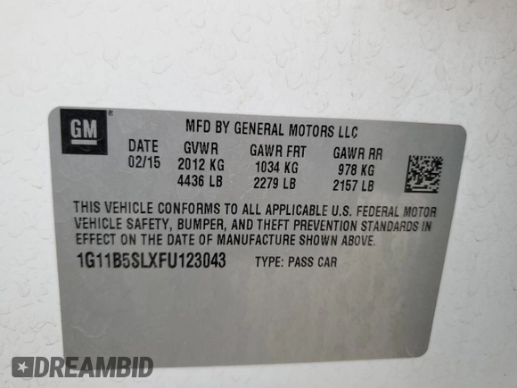2015 Chevrolet Malibu LS with VIN 1G11B5SLXFU123043, listed as a Copart auction lot 52637855 with 151,417 mi miles and Salvage Title. Bid and sale history available at DreamBid. Image 12.
