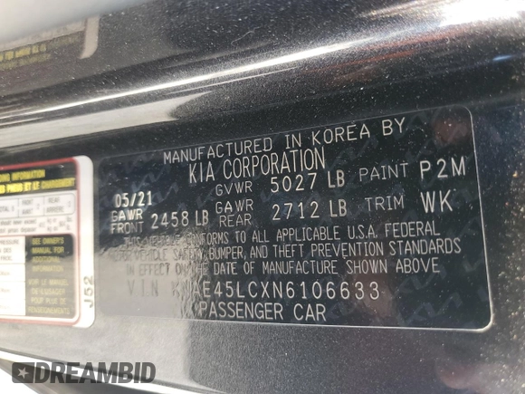 2022 Kia Stinger GT1 with VIN KNAE45LCXN6106633, listed as a Copart auction lot 82235434 with 72,786 mi miles and Salvage Title. Bid and sale history available at DreamBid. Image 14.