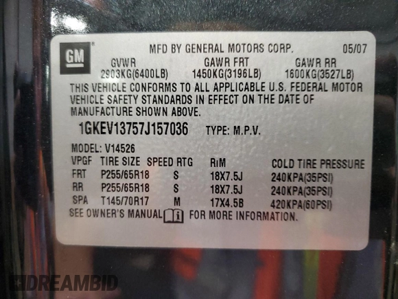 2007 GMC Acadia SLE with VIN 1GKEV13757J157036, listed as a Copart auction lot 78567244 with Not Provided miles and Salvage Title. Bid and sale history available at DreamBid. Image 13.