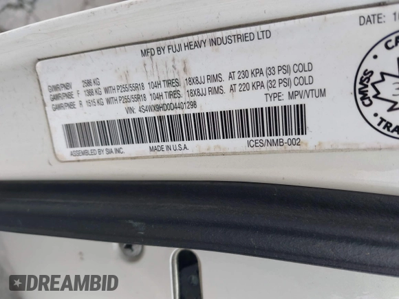 2013 Subaru Tribeca Touring с VIN 4S4WX9HD0D4401298, выставлен на аукционе IAAI как лот 42250922 с пробегом 164 657 миль миль и . История ставок и продаж доступна на DreamBid. Изображение 9.