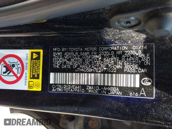 2014 Lexus CT 200h with VIN JTHKD5BH7E2177622, listed as a IAAI auction lot 42763328 with 194,220 mi miles and . Bid and sale history available at DreamBid. Image 9.