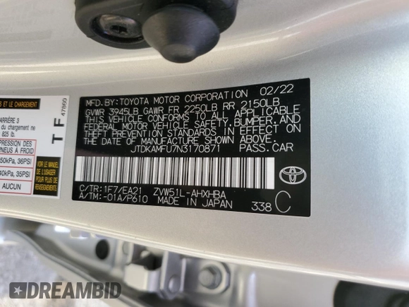 2022 Toyota Prius L Eco with VIN JTDKAMFU7N3170871, listed as a Copart auction lot 49446105 with 29,417 mi miles and Salvage Title. Bid and sale history available at carsss.com. Image 14.