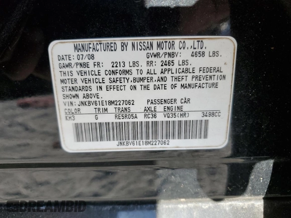 2008 Infiniti G35 Journey z VIN JNKBV61E18M227062, wystawiony jako Copart lot #50101565 z przebiegiem 134 599 mil mil oraz Szkoda całkowita • Salvage title. Historia ofert i sprzedaży dostępna na DreamBid. Obrazek 12.
