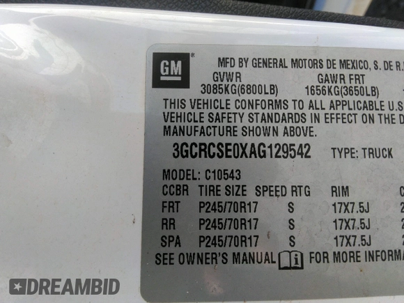 2010 Chevrolet Silverado 1500 LT with VIN 3GCRCSE0XAG129542, listed as a IAAI auction lot 32944734 with 143,810 mi miles and . Bid and sale history available at DreamBid. Image 9.