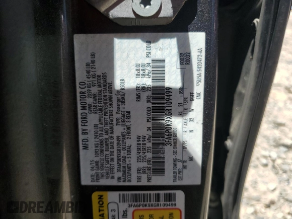 2016 Ford Fusion Titanium with VIN 3FA6P0K9XGR109499, listed as a Copart auction lot 61858445 with 192,272 mi miles and Clean title. Bid and sale history available at DreamBid. Image 12.
