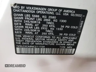 2022 Volkswagen Atlas SE with VIN 1V2LC2CA8NC211729, listed as a Copart auction lot 87927105 with 41,988 mi miles and Salvage title. Bid and sale history available at DreamBid. Image 12.