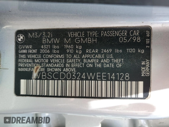 1998 BMW M3 with VIN WBSCD0324WEE14128, listed as a Copart auction lot 54891485 with 247,866 mi miles and Clean title. Bid and sale history available at DreamBid. Image 12.