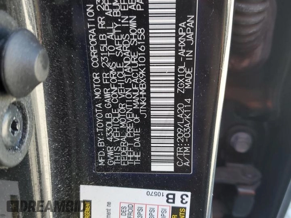 2019 Toyota C-HR XLE z VIN JTNKHMBX9K1016158, wystawiony jako Copart lot #54121995 z przebiegiem 119 716 mil mil oraz Szkoda całkowita • Salvage title. Historia ofert i sprzedaży dostępna na DreamBid. Obrazek 13.