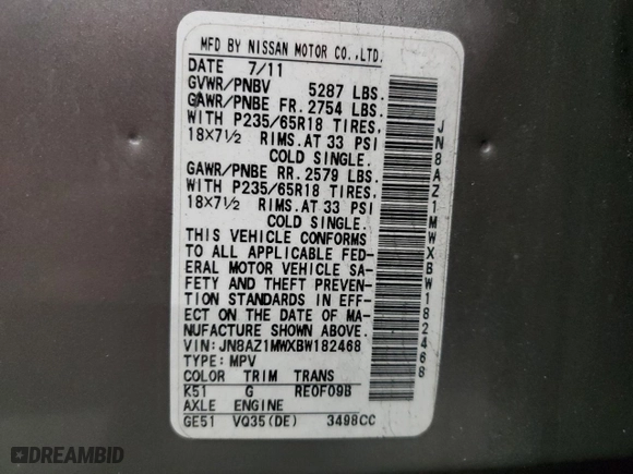 2011 Nissan Murano LE with VIN JN8AZ1MWXBW182468, listed as a Copart auction lot 88403495 with 178,664 mi miles and Salvage Title. Bid and sale history available at carsss.com. Image 15.