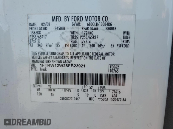 2008 Ford F-150 XL with VIN 1FTRW12W28FB23921, listed as a Copart auction lot 49659415 with 198,041 mi miles and Salvage Title. Bid and sale history available at carsss.com. Image 14.