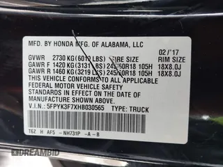 2017 Honda Ridgeline RTL-E with VIN 5FPYK3F7XHB030565, listed as a IAAI auction lot 41795386 with 79,252 mi miles and . Bid and sale history available at DreamBid. Image 9.