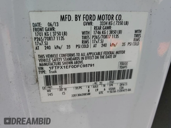 2013 Ford F-150 XL с VIN 1FTFX1EF0DFC95791, выставлен на аукционе Copart как лот 62313955 с пробегом 93 416 миль миль и Списание • Salvage title. История ставок и продаж доступна на DreamBid. Изображение 12.