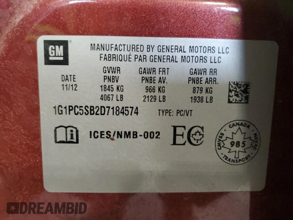 2013 Chevrolet Cruze 1LT with VIN 1G1PC5SB2D7184574, listed as a Copart auction lot 46870545 with 206,917 mi miles and Salvage Title. Bid and sale history available at carsss.com. Image 12.