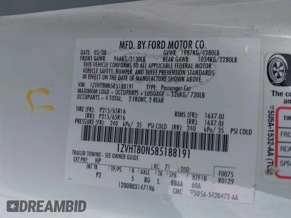 2008 Ford Mustang Deluxe with VIN 1ZVHT80N585188191, listed as a IAAI auction lot 42162834 with 145,313 mi miles and . Bid and sale history available at DreamBid. Image 9.
