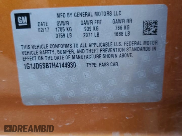 2017 Chevrolet Sonic LT with VIN 1G1JD6SB7H4144930, listed as a Copart auction lot 78539394 with 91,600 mi miles and Salvage Title. Bid and sale history available at carsss.com. Image 15.