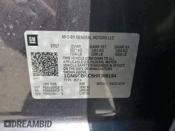 2017 Chevrolet Tahoe LT with VIN 1GNSCBKC5HR369194, listed as a Copart auction lot 55279865 with 84,049 mi miles and Salvage title. Bid and sale history available at DreamBid. Image 13.