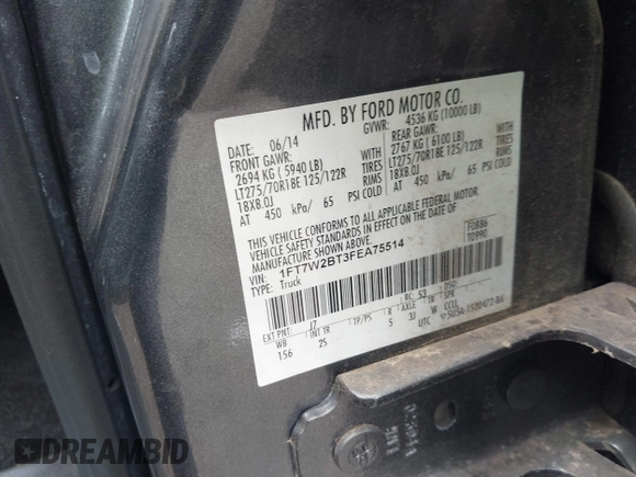2015 Ford F-250 Lariat with VIN 1FT7W2BT3FEA75514, listed as a IAAI auction lot 42540150 with 91,433 mi miles and . Bid and sale history available at DreamBid. Image 9.