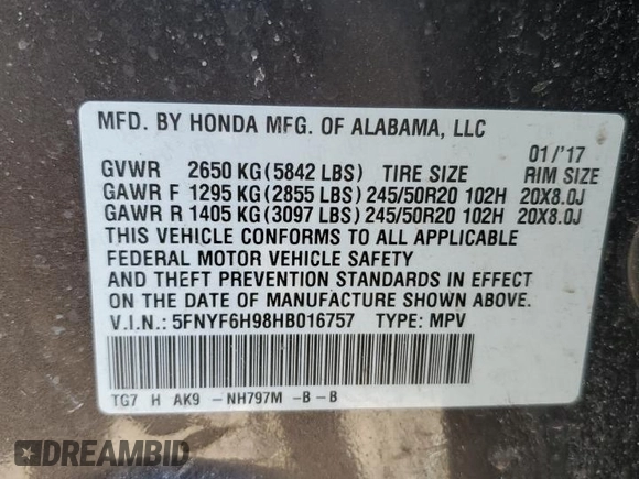 2017 Honda Pilot Touring with VIN 5FNYF6H98HB016757, listed as a Copart auction lot 45879755 with 85,580 mi miles and Salvage Title. Bid and sale history available at DreamBid. Image 13.