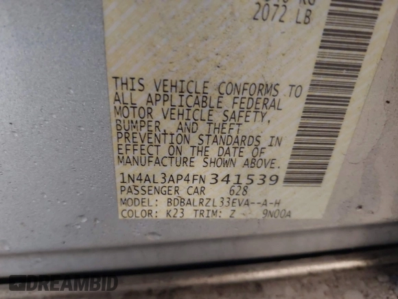 2015 Nissan Altima S with VIN 1N4AL3AP4FN341539, listed as a IAAI auction lot 41972145 with 103,514 mi miles and . Bid and sale history available at DreamBid. Image 9.