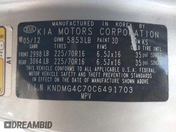 2012 Kia Sedona LX with VIN KNDMG4C70C6491703, listed as a IAAI auction lot 42128411 with 246,586 mi miles. Bid and sale history available at carsss.com. Image 9.