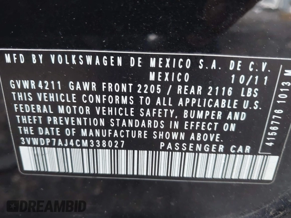 2012 Volkswagen Jetta SE с VIN 3VWDP7AJ4CM338027, выставлен на аукционе IAAI как лот 42198943 с пробегом 158 644 миль миль и . История ставок и продаж доступна на DreamBid. Изображение 9.