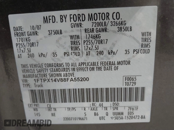 2008 Ford F-150 XLT with VIN 1FTPX14V88FA55200, listed as a IAAI auction lot 41612588 with 214,910 mi miles. Bid and sale history available at carsss.com. Image 9.