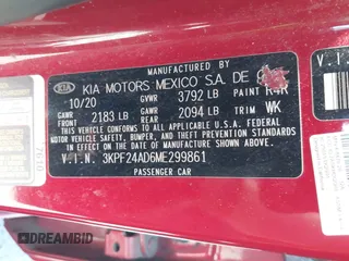 2021 Kia Forte LXS with VIN 3KPF24AD6ME299861, listed as a IAAI auction lot 42146614 with 54,896 mi miles. Bid and sale history available at carsss.com. Image 9.