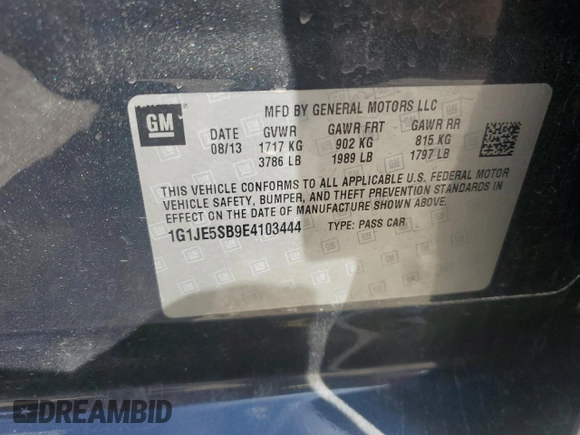2014 Chevrolet Sonic LTZ with VIN 1G1JE5SB9E4103444, listed as a Copart auction lot 46949955 with 120,986 mi miles and Clean Title. Bid and sale history available at carsss.com. Image 12.