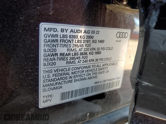 2022 Audi Q7 Premium Plus with VIN WA1LJBF74ND017937, listed as a Copart auction lot 43745035 with 22,989 mi miles and Salvage title. Bid and sale history available at DreamBid. Image 15.