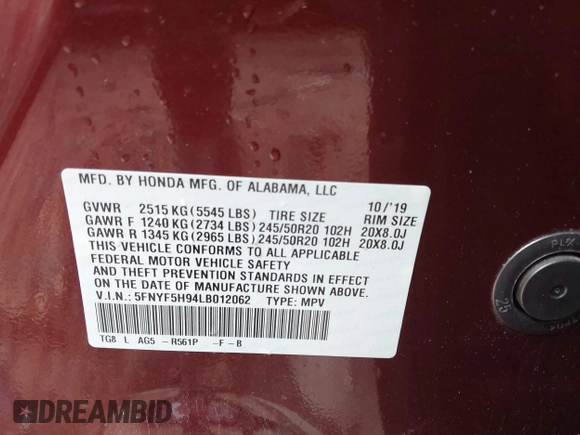 2020 Honda Pilot Touring 8-Passenger with VIN 5FNYF5H94LB012062, listed as a IAAI auction lot 40806740 with 115,431 mi miles and . Bid and sale history available at DreamBid. Image 9.
