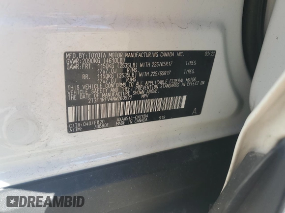 2022 Toyota RAV4 LE with VIN 2T3F1RFV4NW260922, listed as a Copart auction lot 49579835 with 64,289 mi miles and Salvage Title. Bid and sale history available at carsss.com. Image 15.