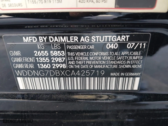 2012 Mercedes-Benz S-Class S 550 with VIN WDDNG7DBXCA425719, listed as a IAAI auction lot 41626830 with 71,227 mi miles. Bid and sale history available at carsss.com. Image 9.