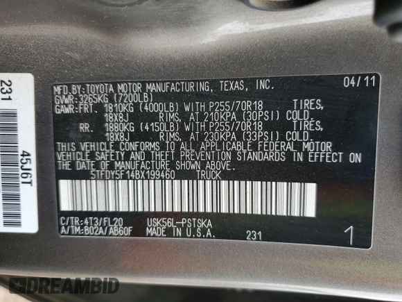 2011 Toyota Tundra 4WD Truck with VIN 5TFDY5F14BX199460, listed as a Copart auction lot 47358834 with 0 mi miles and Salvage Title. Bid and sale history available at carsss.com. Image 13.