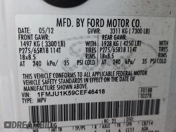 2012 Ford Expedition Limited with VIN 1FMJU1K59CEF46418, listed as a Copart auction lot 44243045 with 170,521 mi miles and Salvage title. Bid and sale history available at DreamBid. Image 13.