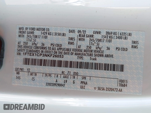 2022 Ford F-150 XL z VIN 1FTEX1CP3NKF26053, wystawiony jako IAAI lot #40372191 z przebiegiem Nie podano mil oraz . Historia ofert i sprzedaży dostępna na DreamBid. Obrazek 9.