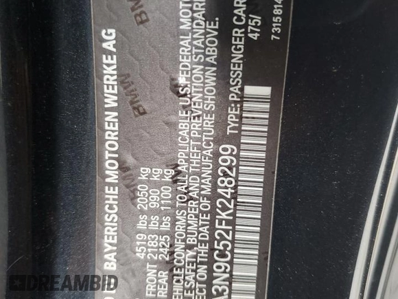 2015 BMW 4 Series 428i xDrive with VIN WBA3N9C52FK248299, listed as a Copart auction lot 55392405 with 88,588 mi miles and Salvage title. Bid and sale history available at DreamBid. Image 12.
