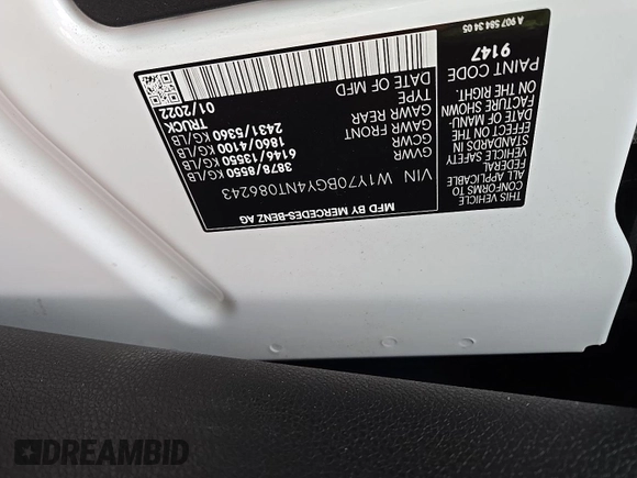 2022 Mercedes-Benz Sprinter Cargo with VIN W1Y70BGY4NT086243, listed as a IAAI auction lot 42195651 with 120,068 mi miles and . Bid and sale history available at DreamBid. Image 3.