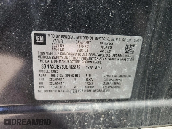 2018 Chevrolet Equinox LT with VIN 3GNAXJEV6JL103879, listed as a Copart auction lot 49067515 with 122,950 mi miles and Salvage Title. Bid and sale history available at DreamBid. Image 13.