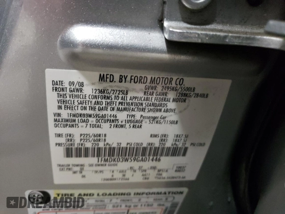 2009 Ford Taurus X Limited with VIN 1FMDK03W59GA01446, listed as a Copart auction lot 80666874 with 135,957 mi miles and Salvage title. Bid and sale history available at DreamBid. Image 13.