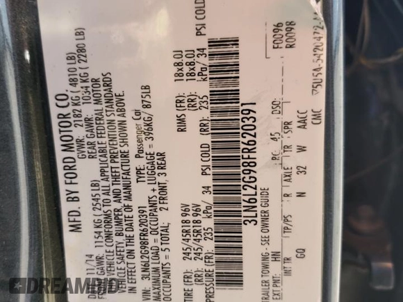 2015 Lincoln MKZ with VIN 3LN6L2G98FR620391, listed as a Copart auction lot 49385135 with 192,928 mi miles and Clean Title. Bid and sale history available at DreamBid. Image 12.