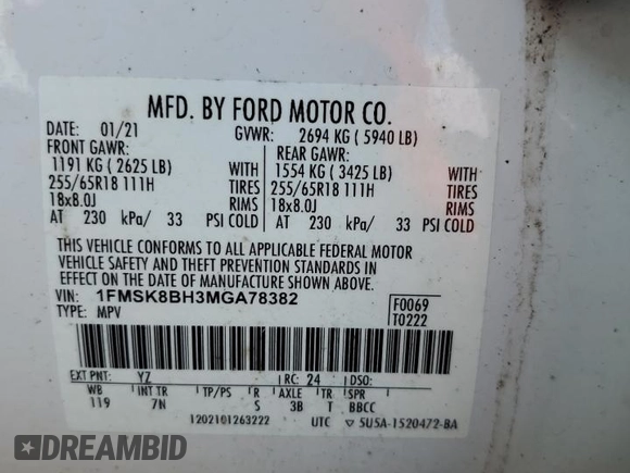 2021 Ford Explorer with VIN 1FMSK8BH3MGA78382, listed as a Copart auction lot 68012424 with 38,881 mi miles and Non repairable. Bid and sale history available at DreamBid. Image 13.