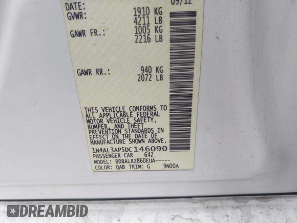 2013 Nissan Altima SL z VIN 1N4AL3AP5DC146090, wystawiony jako IAAI lot #42364535 z przebiegiem 83 518 mil mil oraz . Historia ofert i sprzedaży dostępna na DreamBid. Obrazek 9.