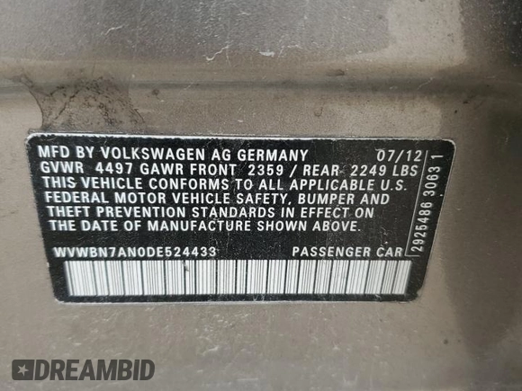 2013 Volkswagen CC Sport with VIN WVWBN7AN0DE524433, listed as a Copart auction lot 71831494 with 135,214 mi miles and Clean Title. Bid and sale history available at carsss.com. Image 15.