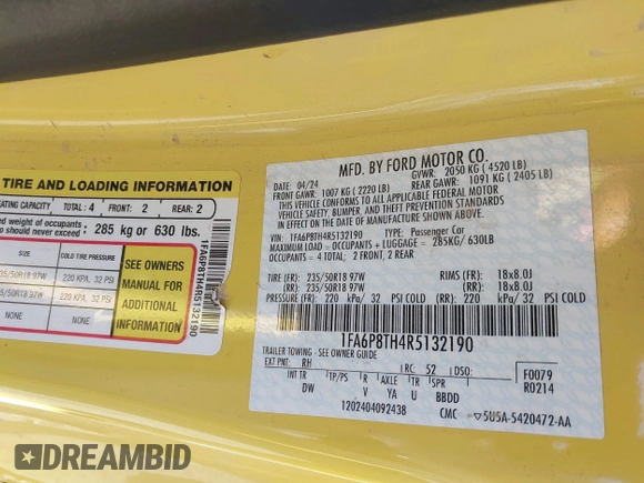 2024 Ford Mustang EcoBoost with VIN 1FA6P8TH4R5132190, listed as a IAAI auction lot 41390659 with 25,873 mi miles and . Bid and sale history available at DreamBid. Image 9.