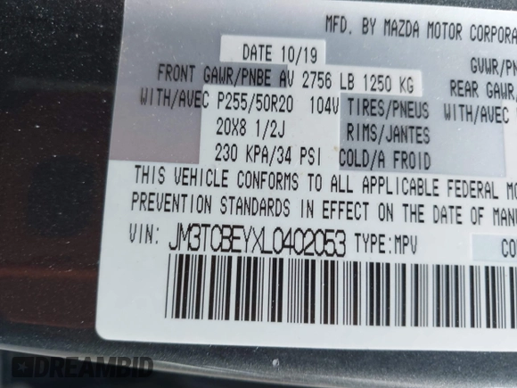 2020 Mazda CX-9 Signature with VIN JM3TCBEYXL0402053, listed as a IAAI auction lot 42070846 with 47,695 mi miles and . Bid and sale history available at DreamBid. Image 9.